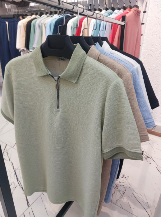 Quarter Zip Polo Shirt Textured Cotton Pullover