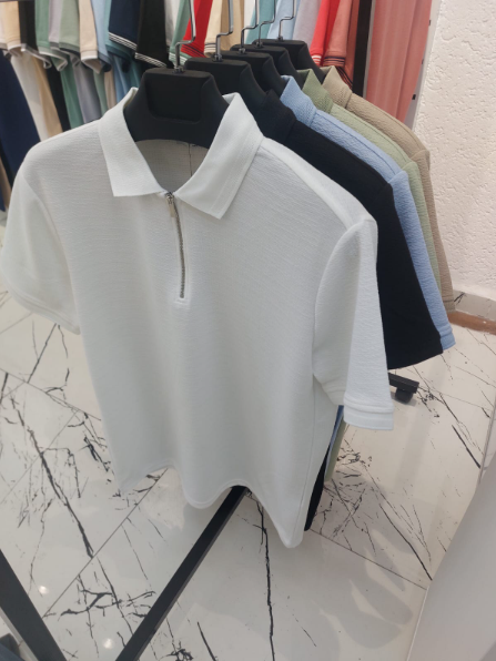 Quarter Zip Polo Shirt Textured Cotton Pullover