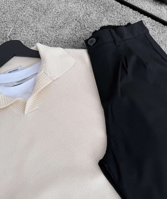 Shirt Polo Collar Beige Knit Pullover