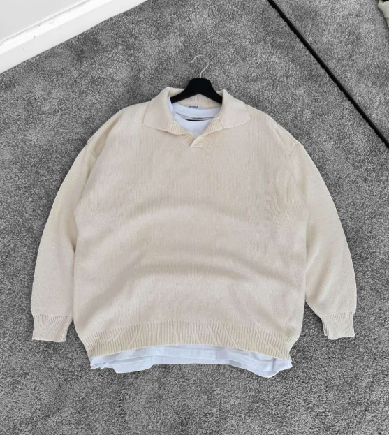Shirt Polo Collar Beige Knit Pullover