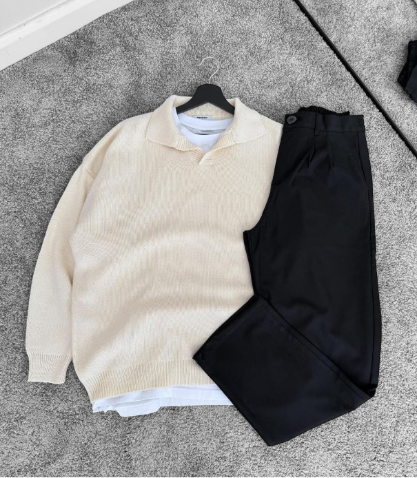 Shirt Polo Collar Beige Knit Pullover