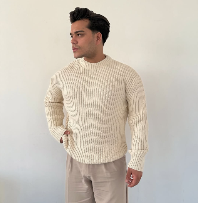 Sweater Wool Ribbed Crew Neck Knit