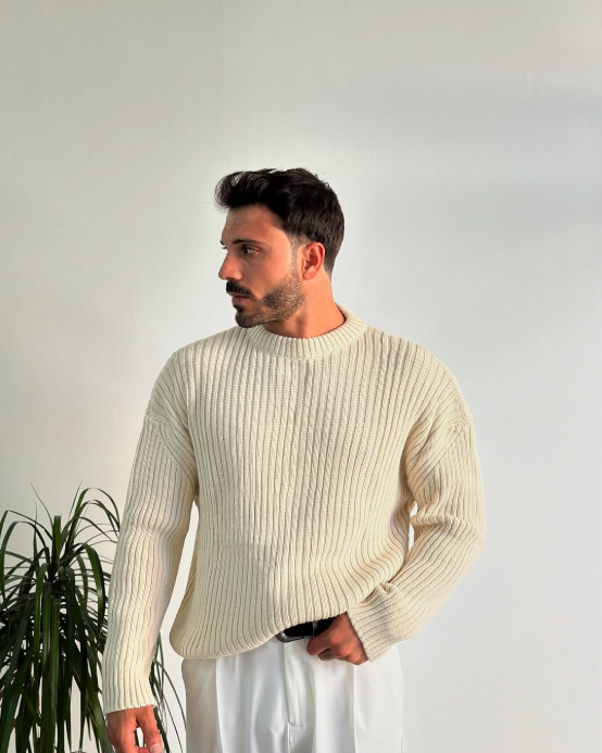 Sweater Wool Ribbed Crew Neck Knit