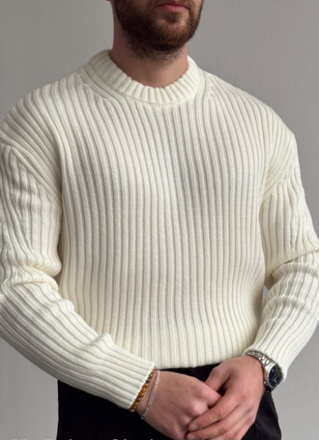 Wool Chunky Ribbed Knit Sweater Crew Neck